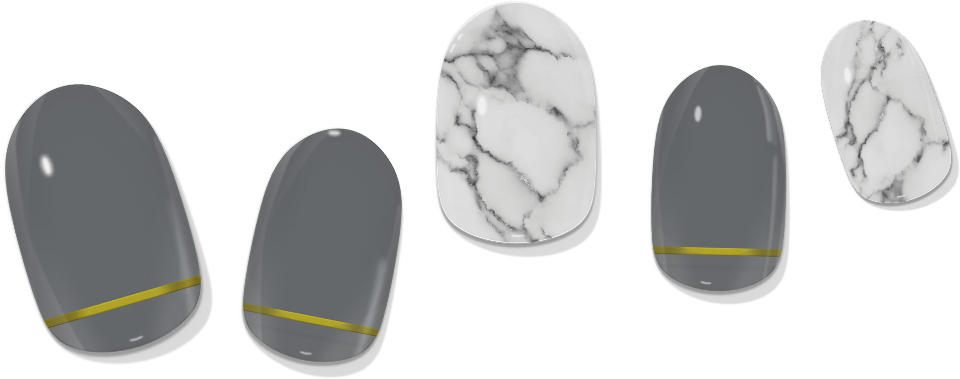 Set of grey gel nail wraps with gold stripe and white marble tips, five press-on nails
