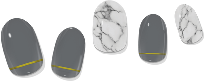 Set of grey gel nail wraps with gold stripe and white marble tips, five press-on nails