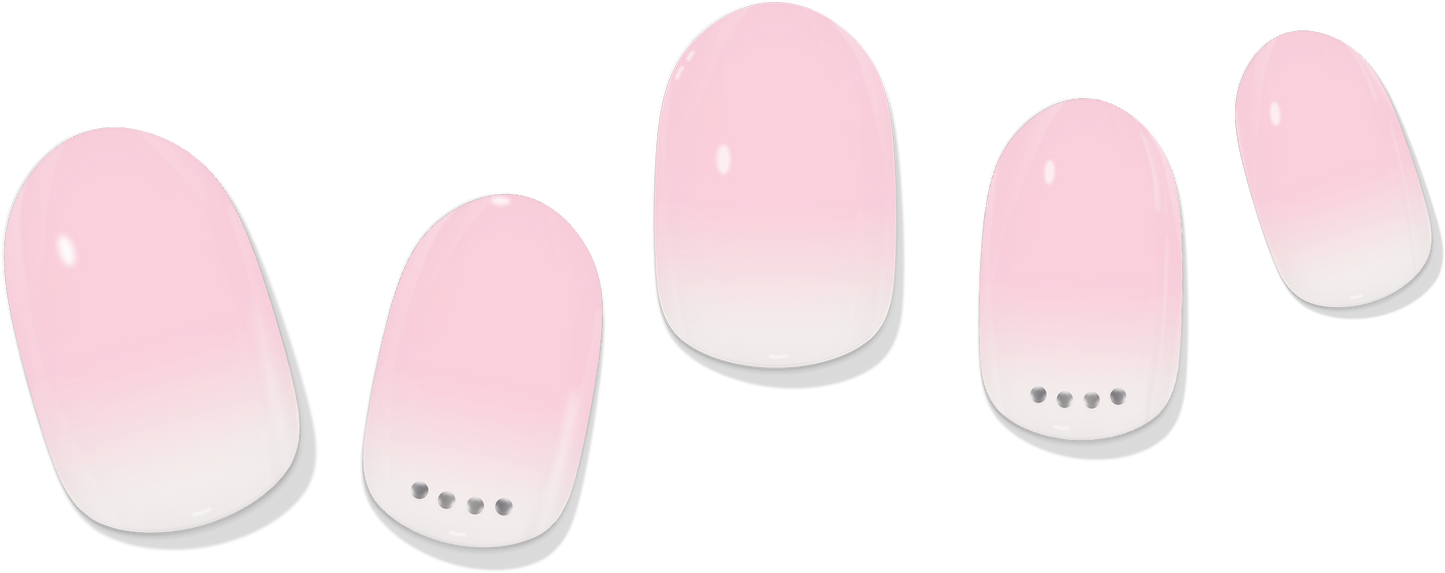 Five pink gradient gel nail wraps with rounded tips and small dot embellishments
