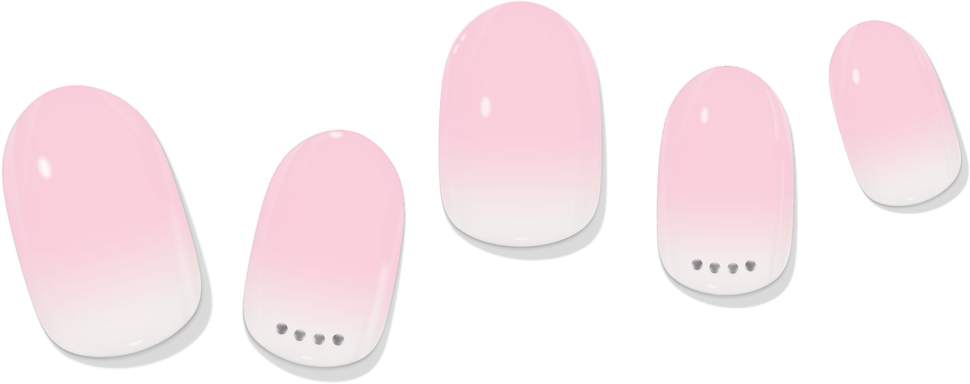 Five pink gradient gel nail wraps with rounded tips and small dot embellishments