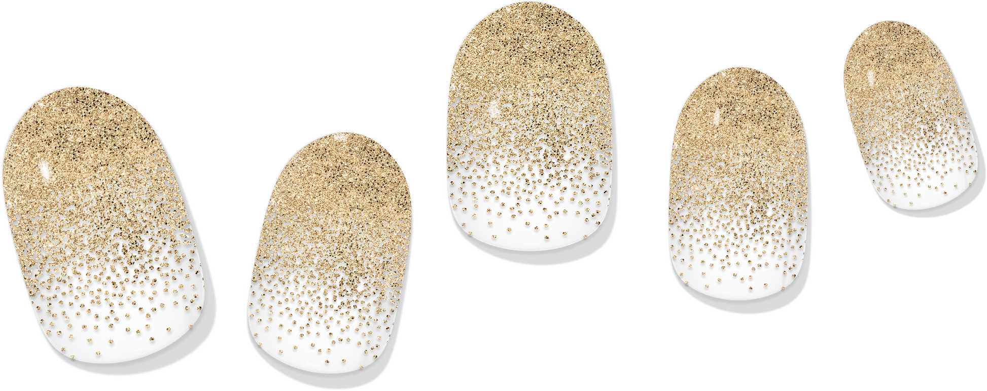 Gold-dusted gel nail wraps with glitter gradient tips on white base, five nails