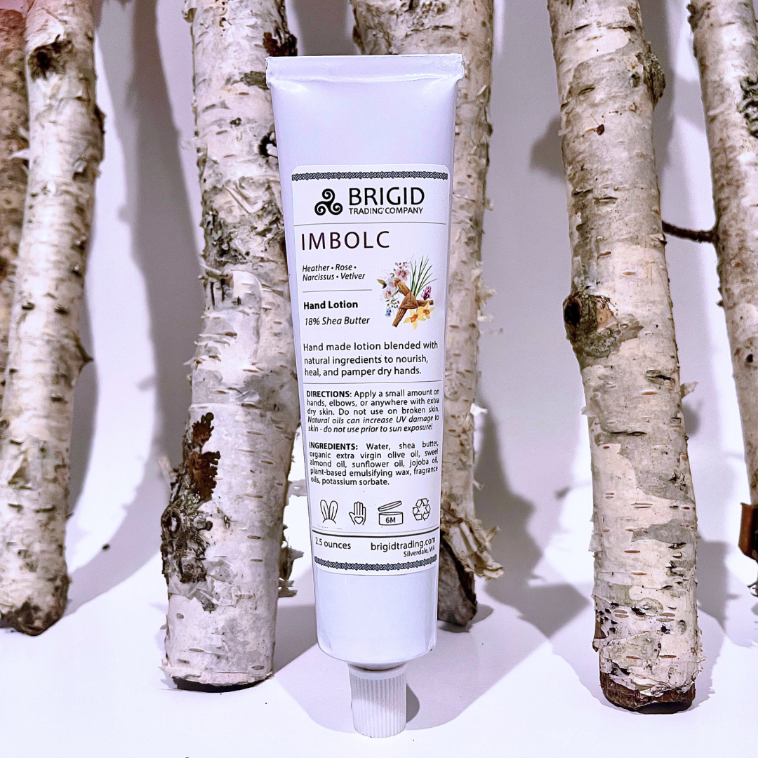 Imbolc natural hand lotion tube with 18% shea butter and white squeeze cap