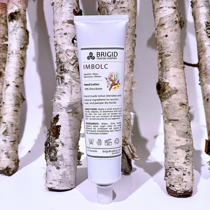 Imbolc natural hand lotion tube with 18% shea butter and white squeeze cap
