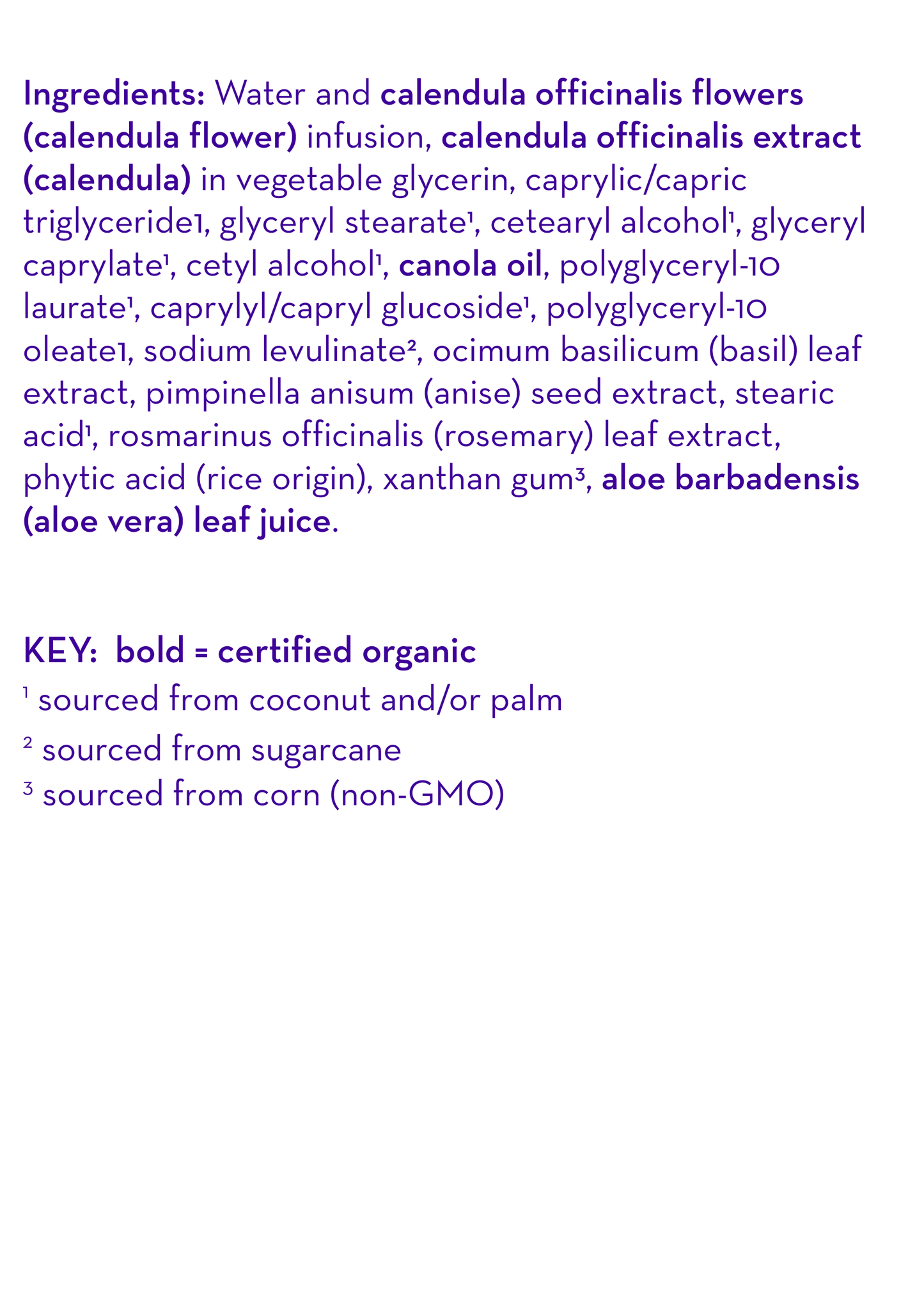 Ingredient list text with plant extracts, including aloe barbadensis and calendula