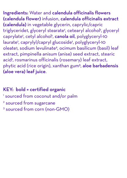 Ingredient list text with plant extracts, including aloe barbadensis and calendula