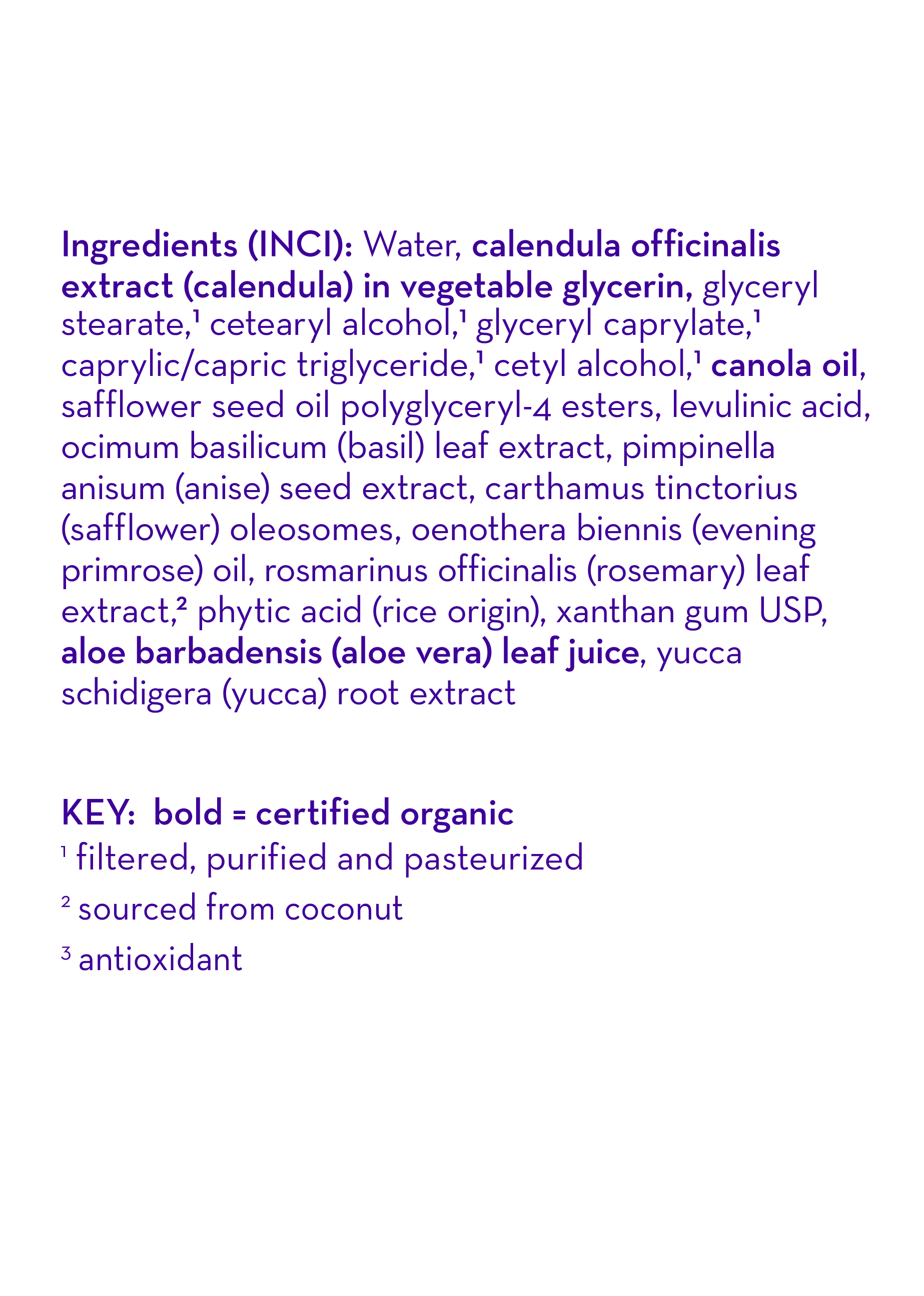 Lotion ingredient panel with INCI list and a key for certified organic ingredients