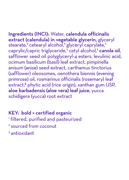 Lotion ingredient panel with INCI list and a key for certified organic ingredients