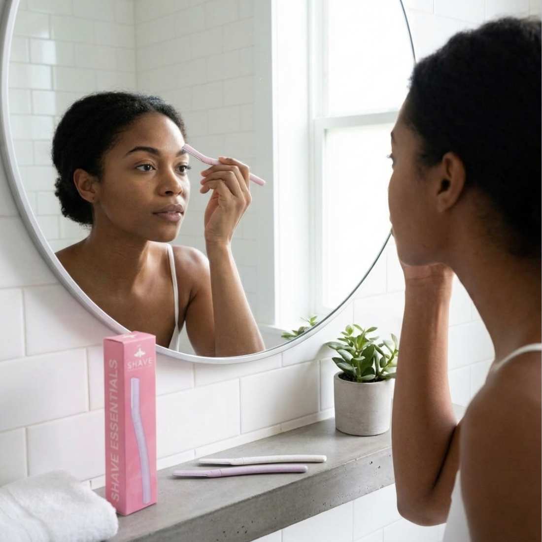 Eyebrow razor applied along the brow, with pink retail box visible on the vanity.
