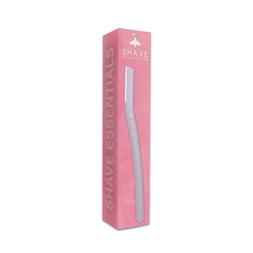 Eyebrow razor with speckled pink handle, shown in retail box packaging.
