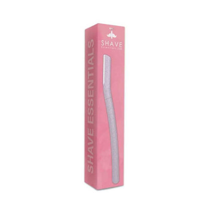 Eyebrow razor with speckled pink handle, shown in retail box packaging.