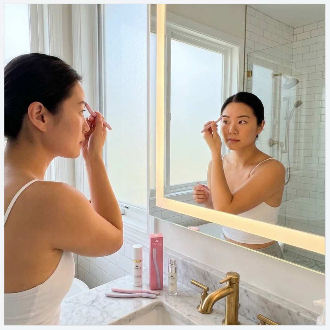 Eyebrow razor used to shape brows, with pink handle held at the mirror.