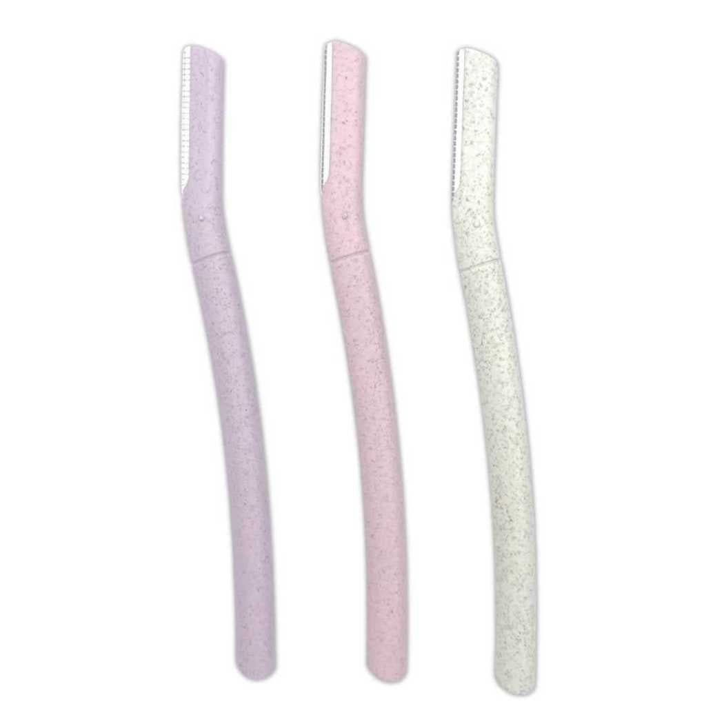 Set of eyebrow razors with speckled handles: lavender, pink, and light white.