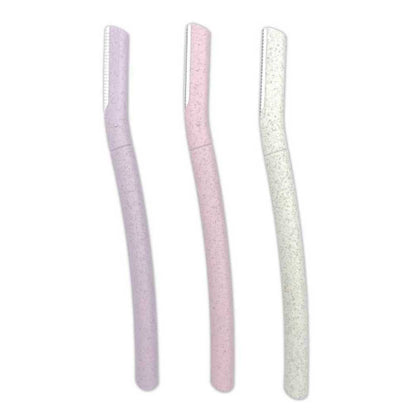 Set of eyebrow razors with speckled handles: lavender, pink, and light white.