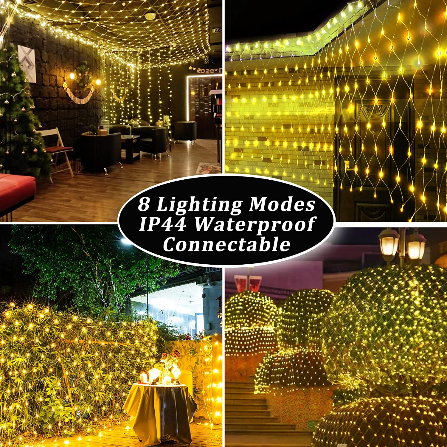 Net mesh solar fairy lights with warm white glow across a patio wall