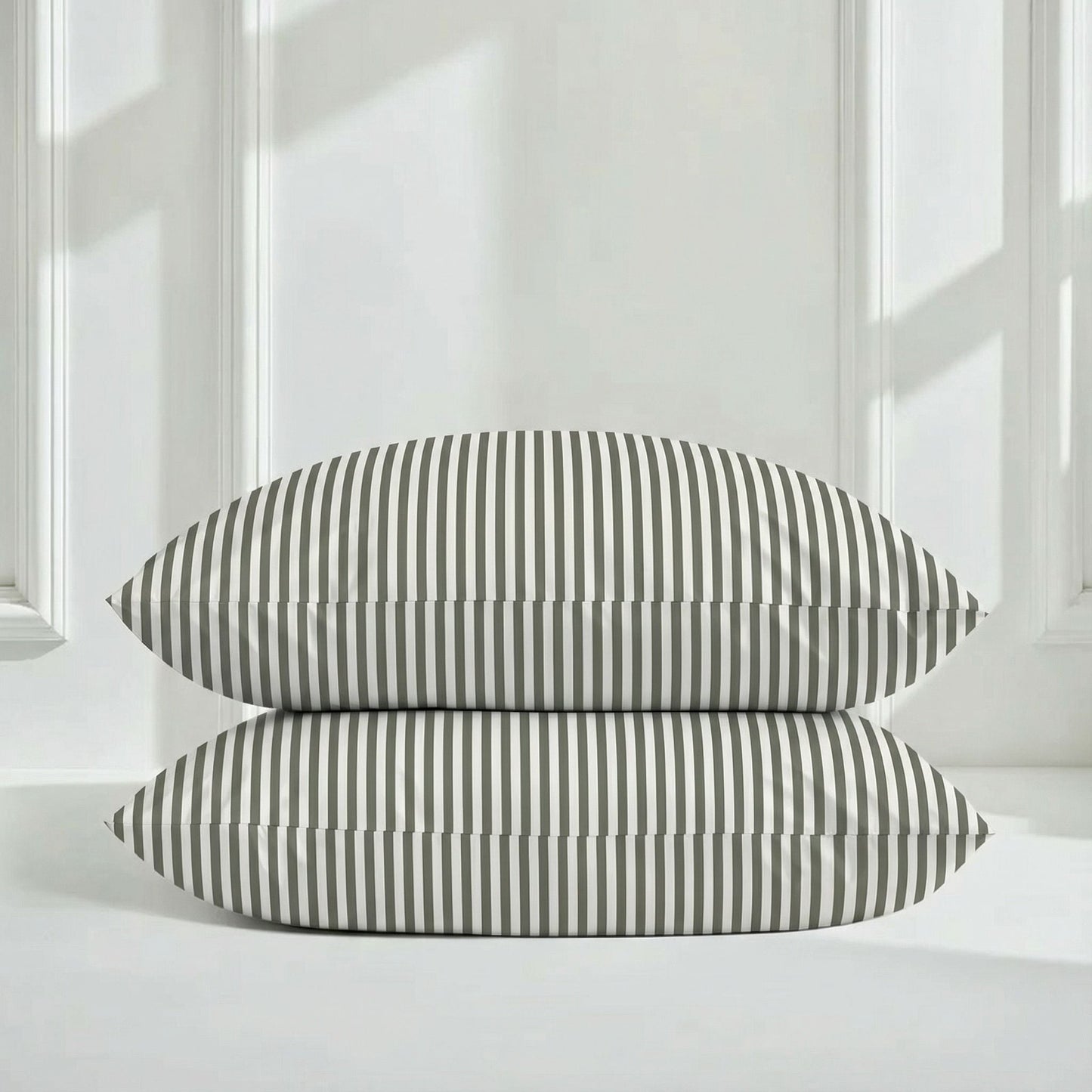 Two striped pillow shams in gray and white with smooth sateen finish
