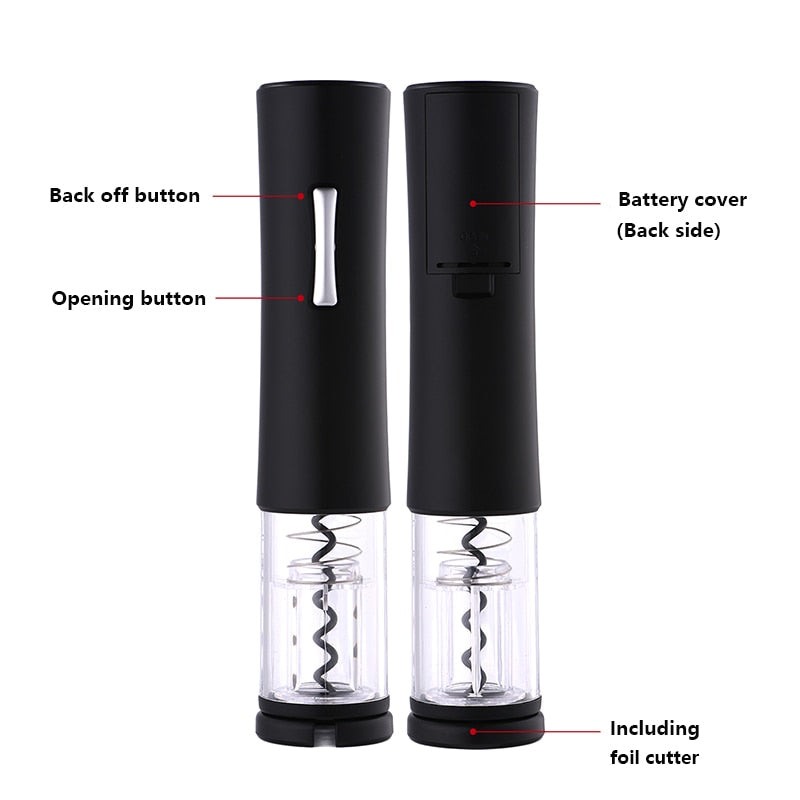Black electric wine bottle opener with opening button and included foil cutter