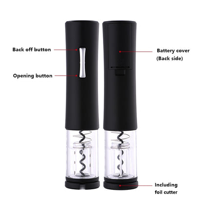 Black electric wine bottle opener with opening button and included foil cutter