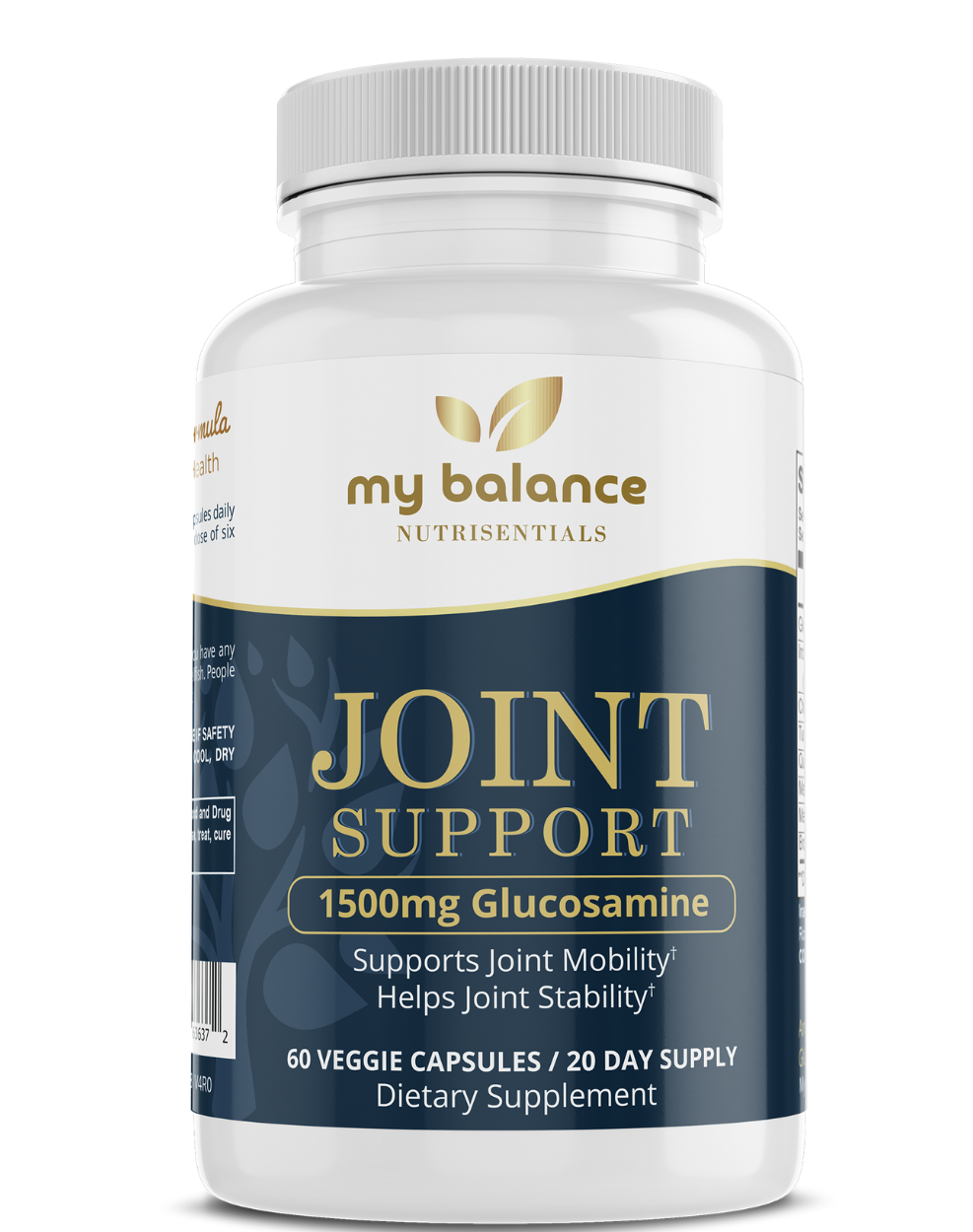 Joint support supplement bottle, white with blue Joint Support label