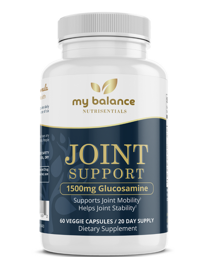 Joint support supplement bottle, white with blue Joint Support label
