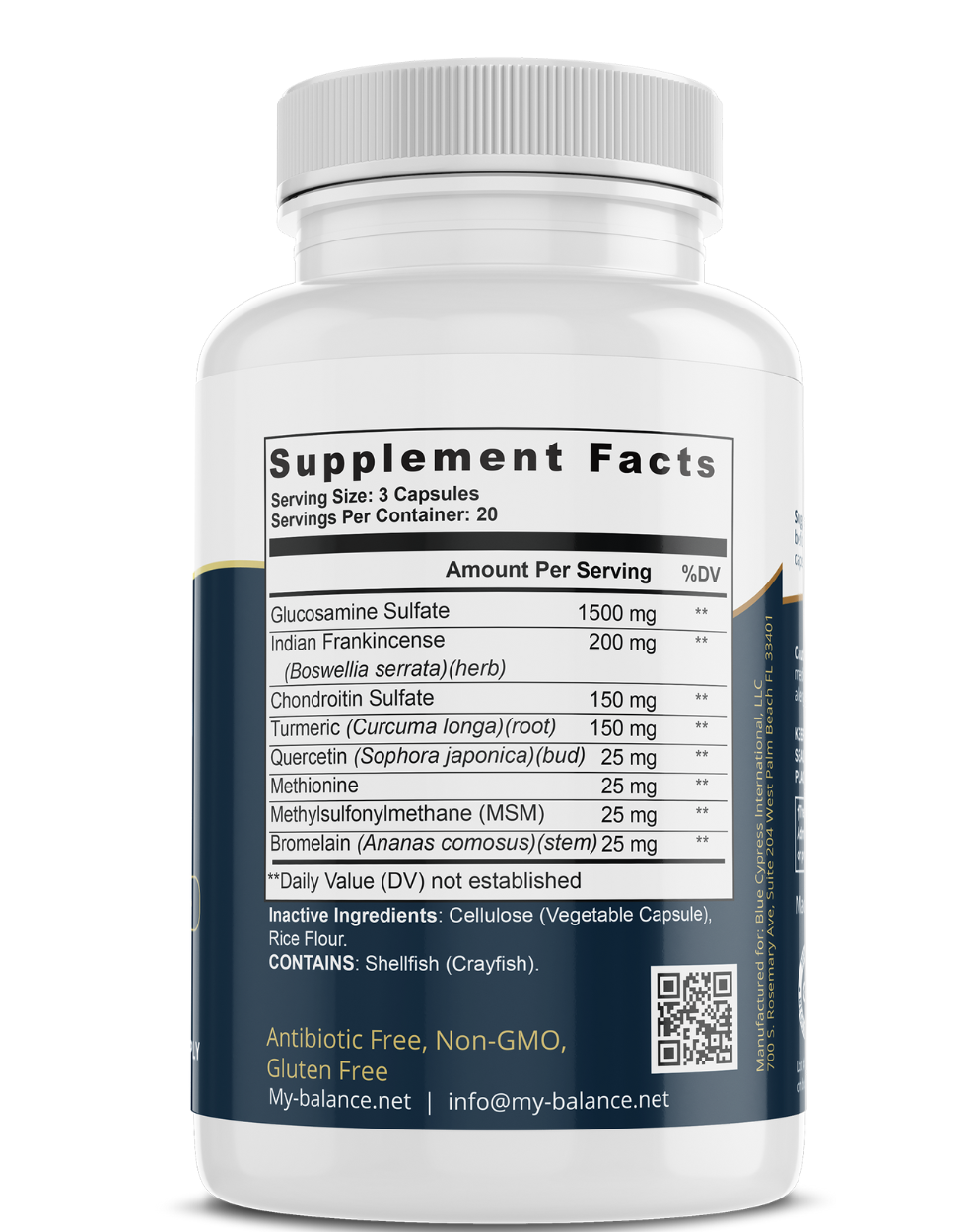 Joint support supplement bottle back, Supplement Facts panel on white label