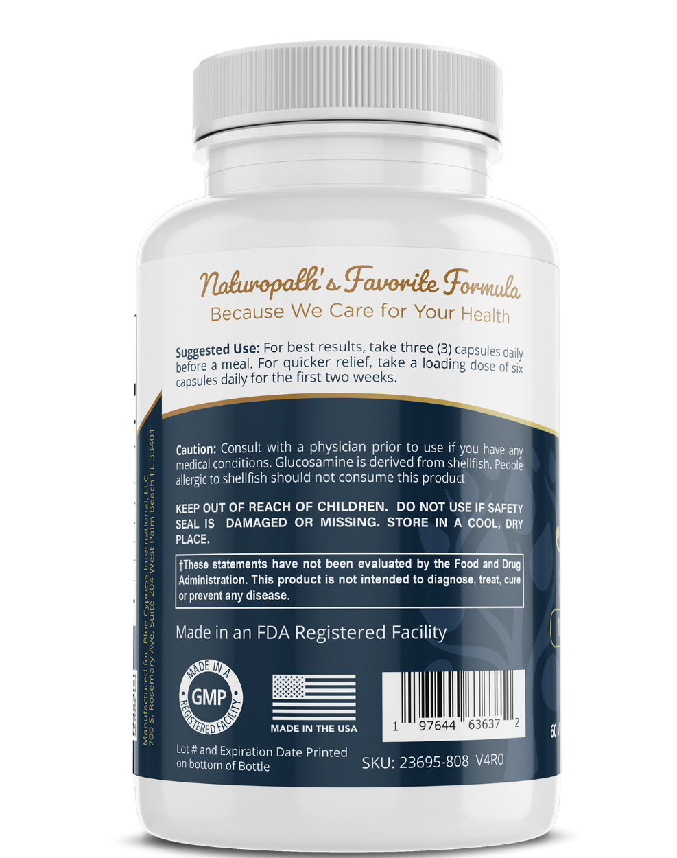 Joint support supplement bottle back label with usage and GMP text