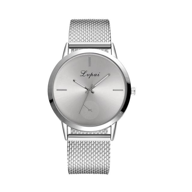 Silver fashion watch with mesh metal strap and round light-gray dial