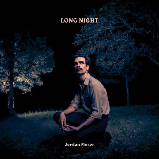 Vinyl album cover with seated man in dark blue outdoor night scene