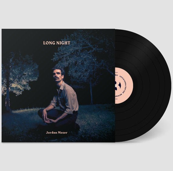 Vinyl record and album sleeve showing dark blue night cover art