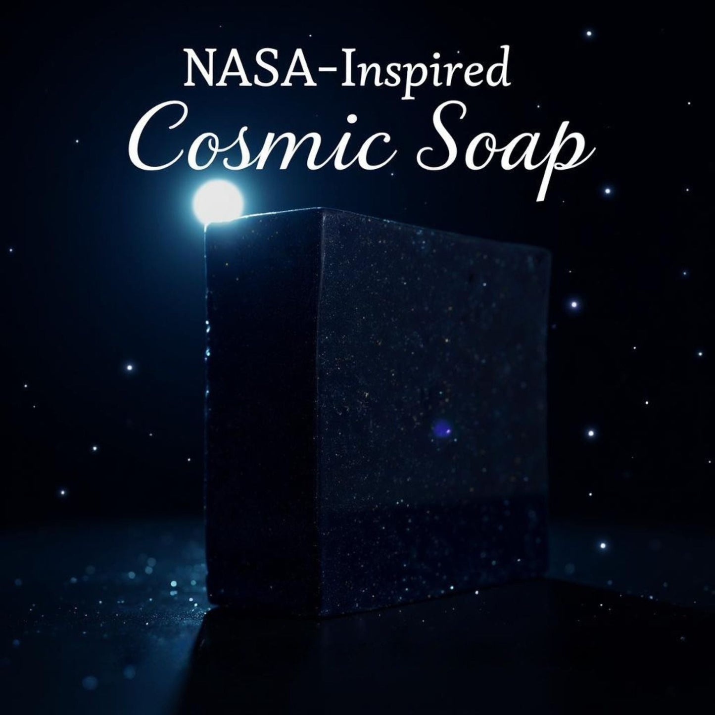 Zero Gravity soap cube, dark blue speckled front faces, glossy surface