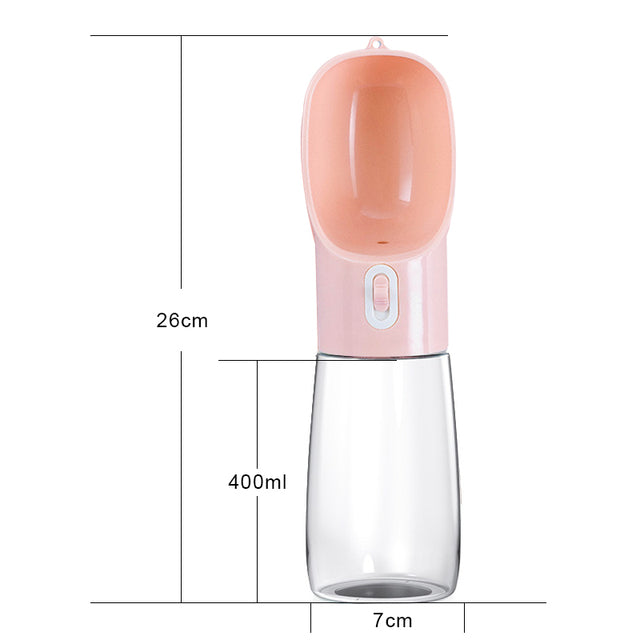 Pet dog water feeder bottle, pink top with clear 400ml body and 26cm height