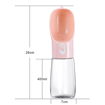 Pet dog water feeder bottle, pink top with clear 400ml body and 26cm height