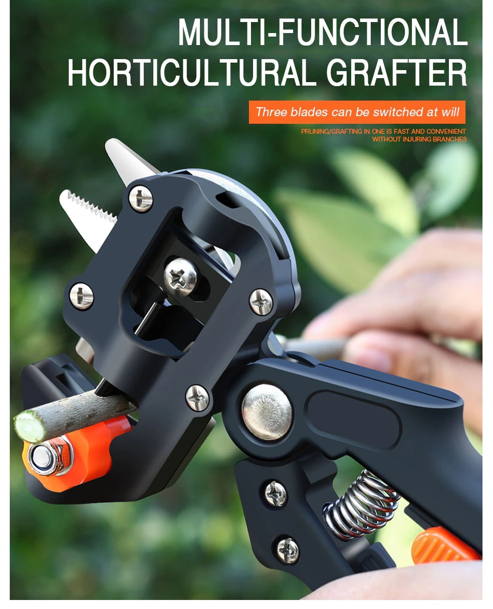 Black grafting pruning shears with orange accents and curved cutting blade