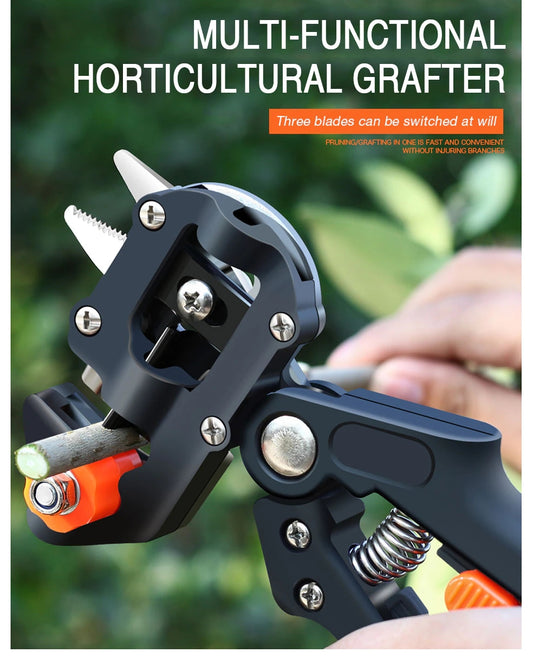 Black grafting pruning shears with orange accents and curved cutting blade