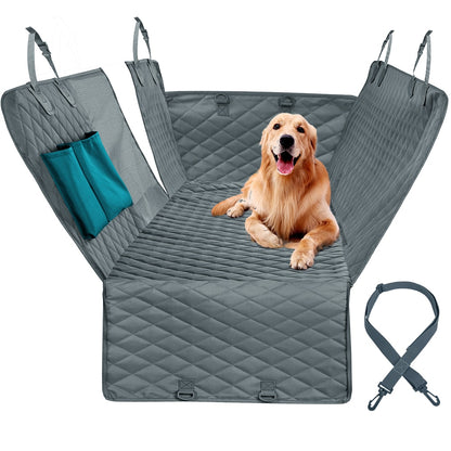 Grey quilted dog car seat cover with teal side pocket and corner attachment straps