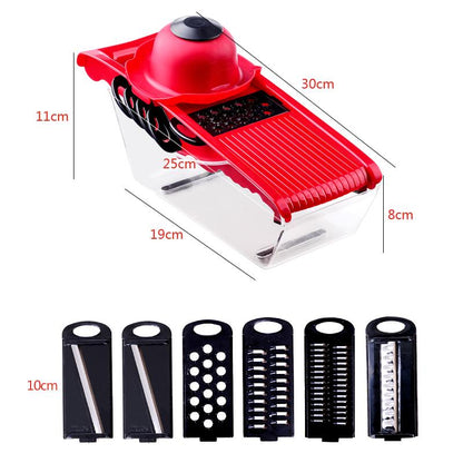 Red kitchen slicer with clear container, top dome handle, and six blade inserts with size labels.