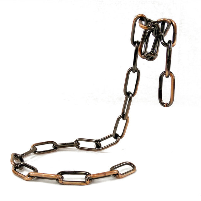 Wine bottle holder with dark brown-gold chain links and hook clamp