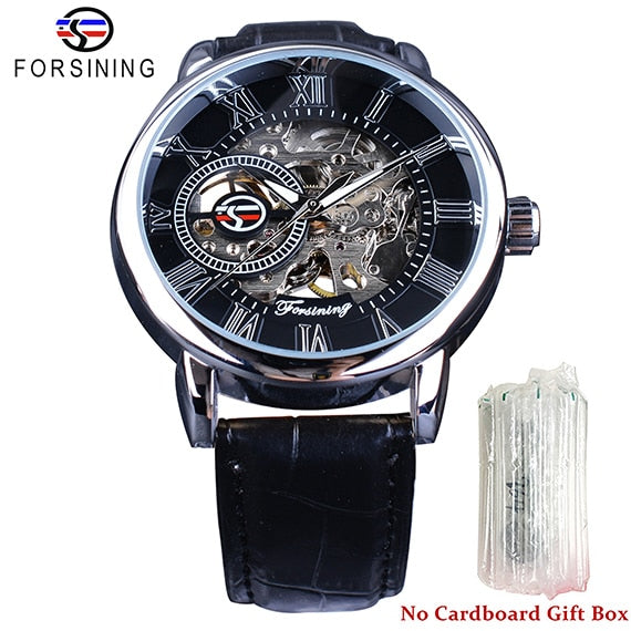Men's skeleton watch with black dial, silver-tone case, black leather strap