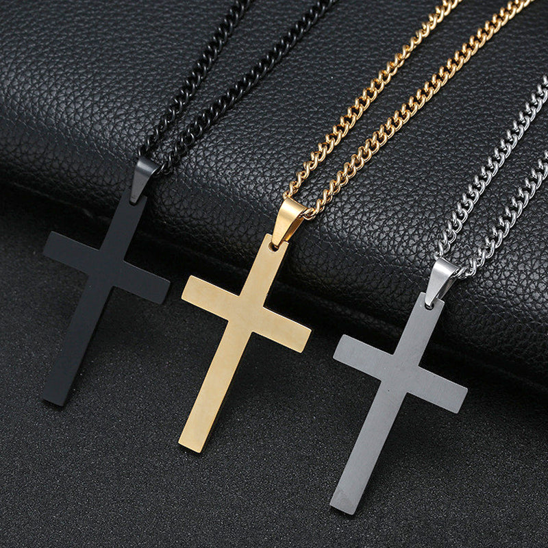 Black cross necklace with link chain and rectangular cross pendant