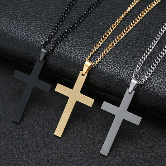 Black cross necklace with link chain and rectangular cross pendant