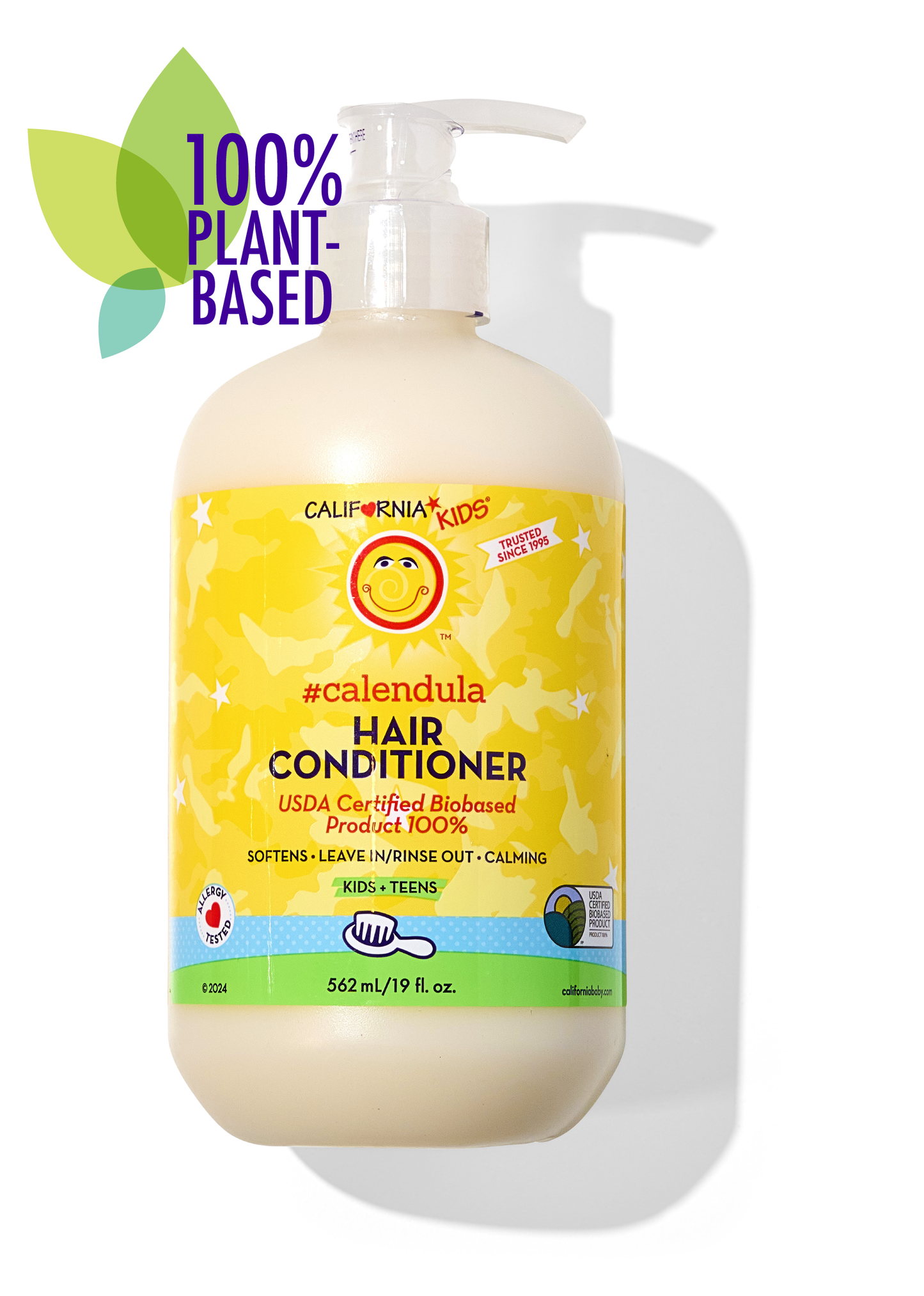 Hair conditioner bottle with pump and yellow label, green bottom band