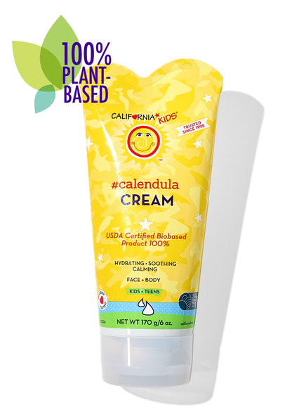 California Kids calendula cream tube, yellow front with sun logo and flip-top cap