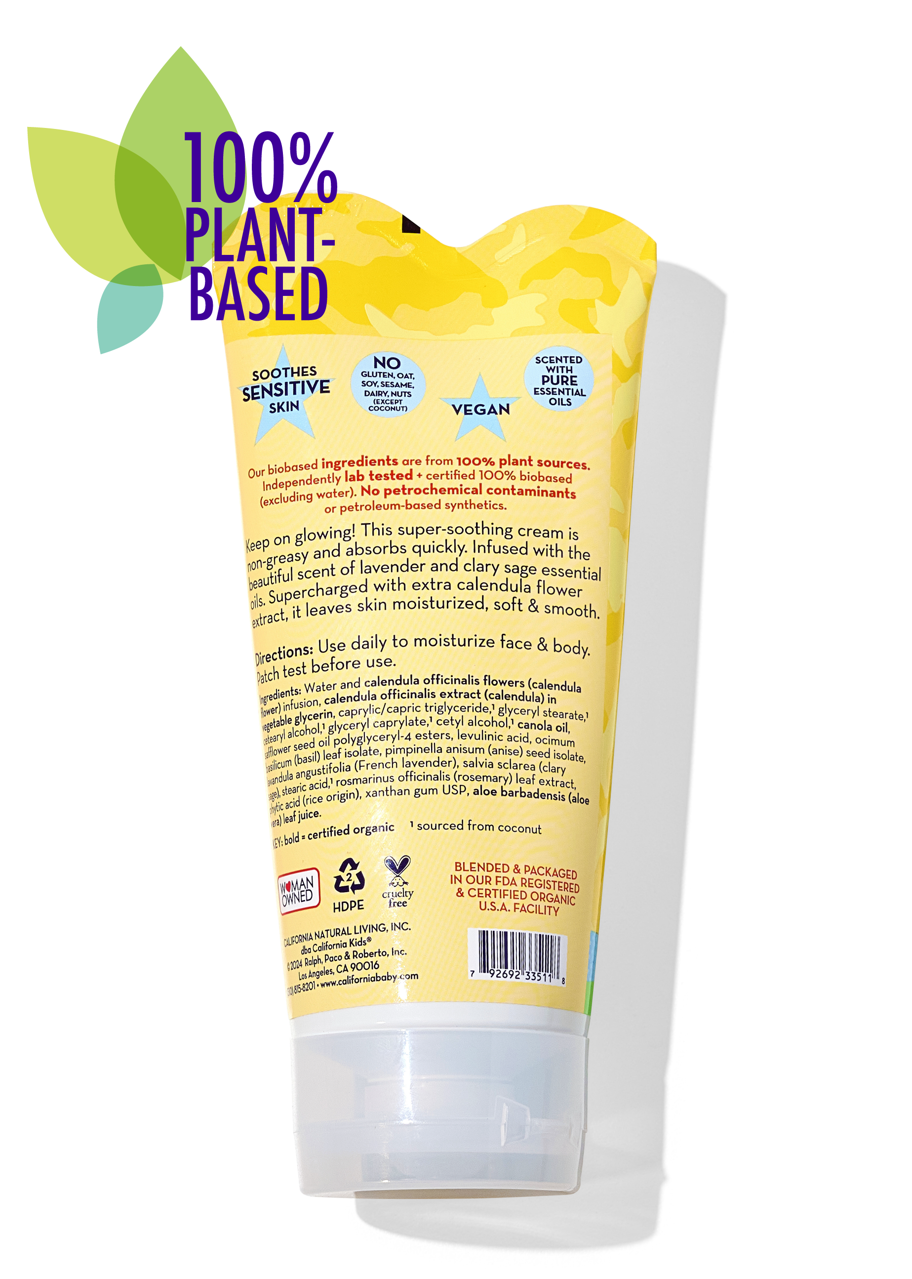California Kids calendula cream tube back, pale yellow panel with ingredient and claims text