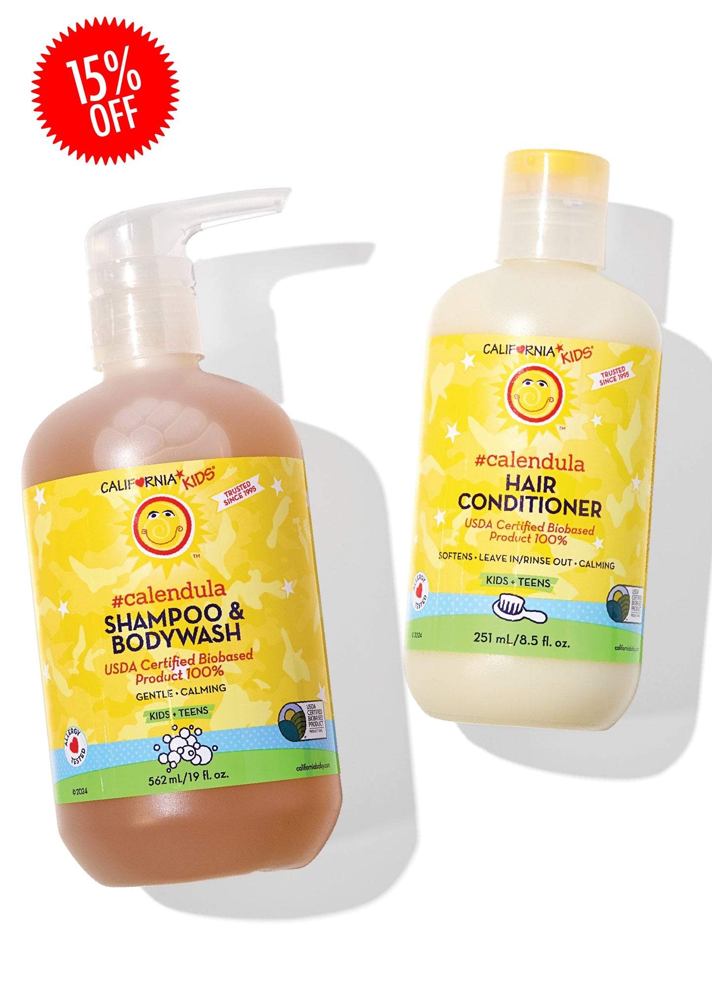 Kids Calendula shampoo & bodywash and hair conditioner bottles, pump and flip-top