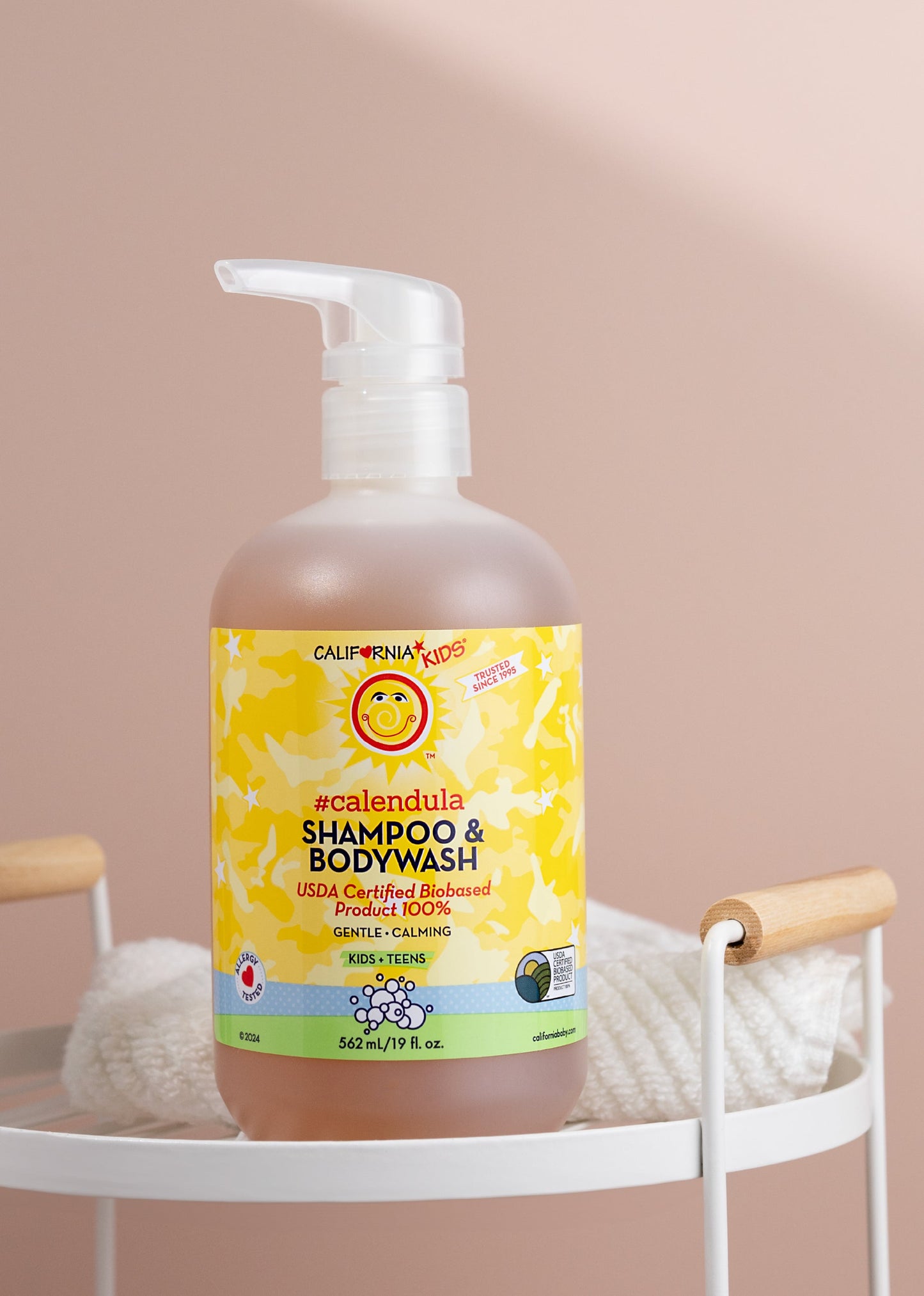 Kids Calendula shampoo & bodywash bottle with pump, yellow and brown label