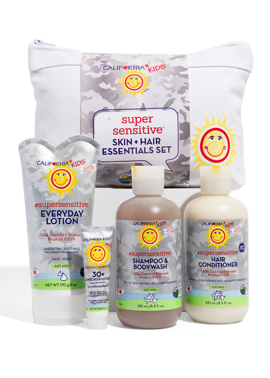 Kids supersensitive hair and body essentials set with shampoo, conditioner, lotion, body wash