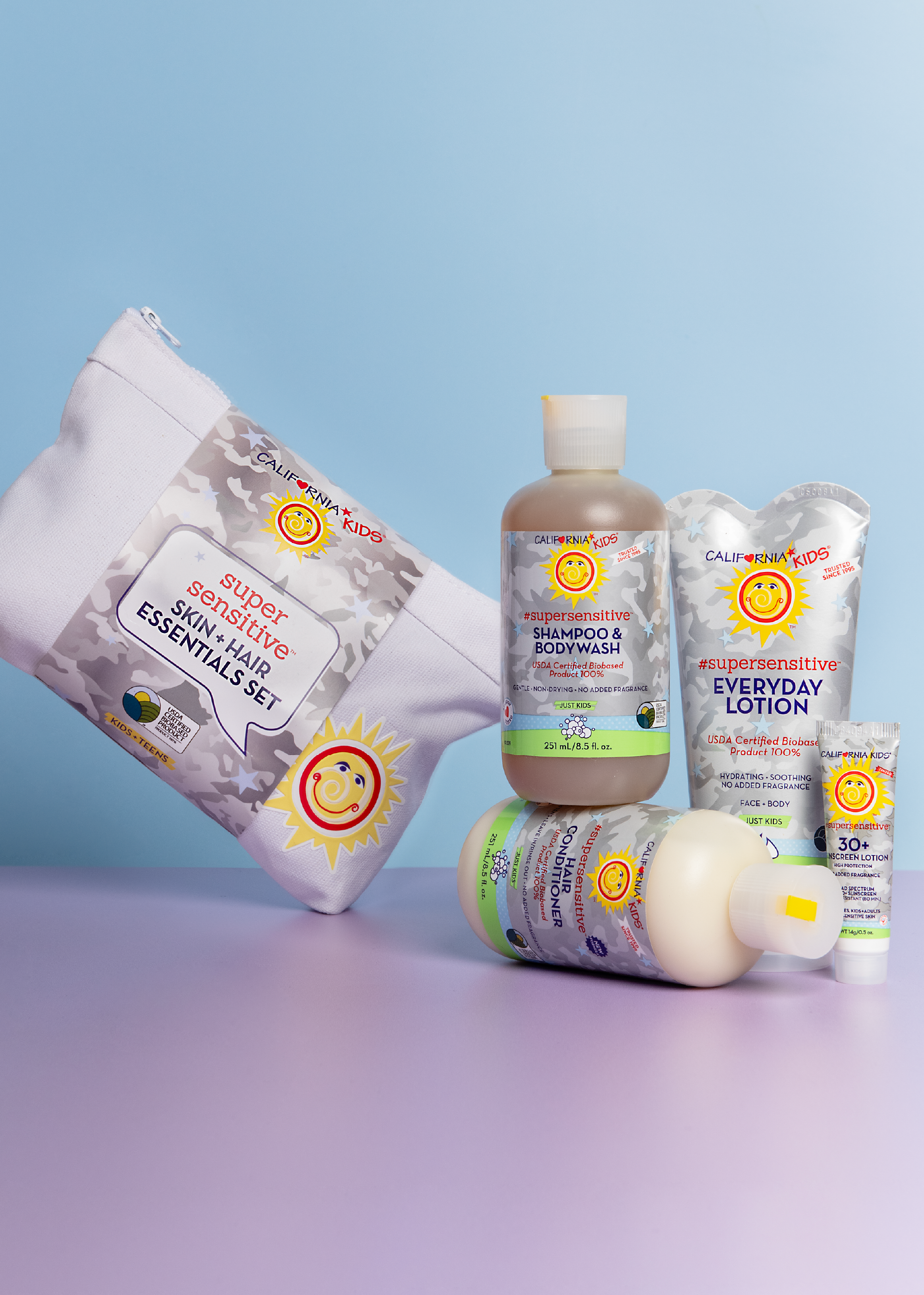 Kids supersensitive essentials set with lotion, body wash, shampoo, conditioner bottles