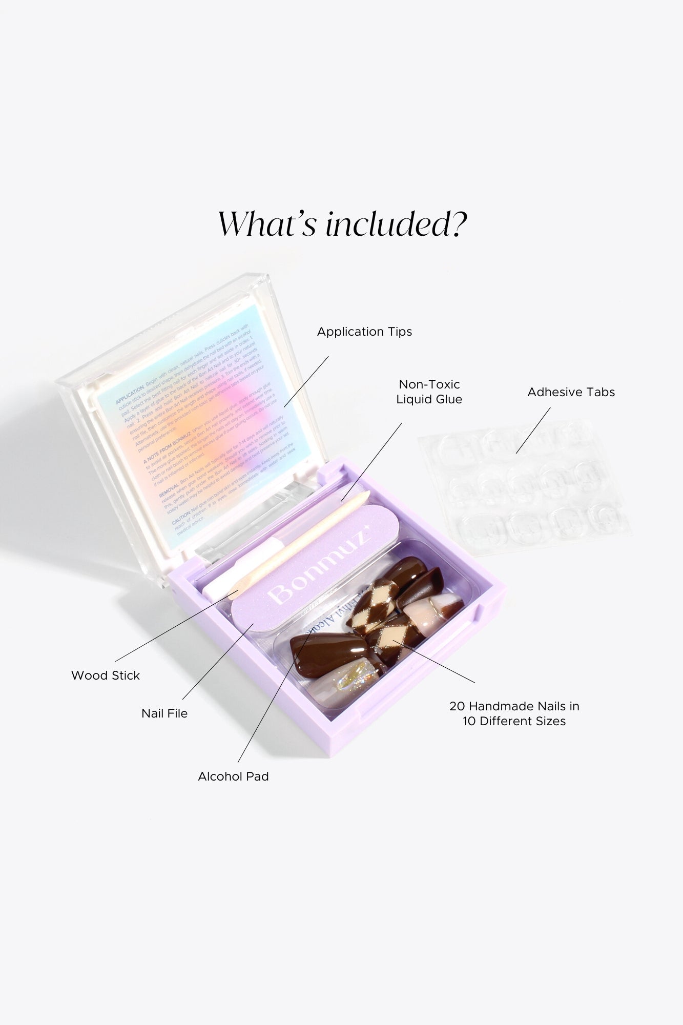 Nail application kit contents: nail file, wood stick, alcohol pad, glue and adhesive tabs