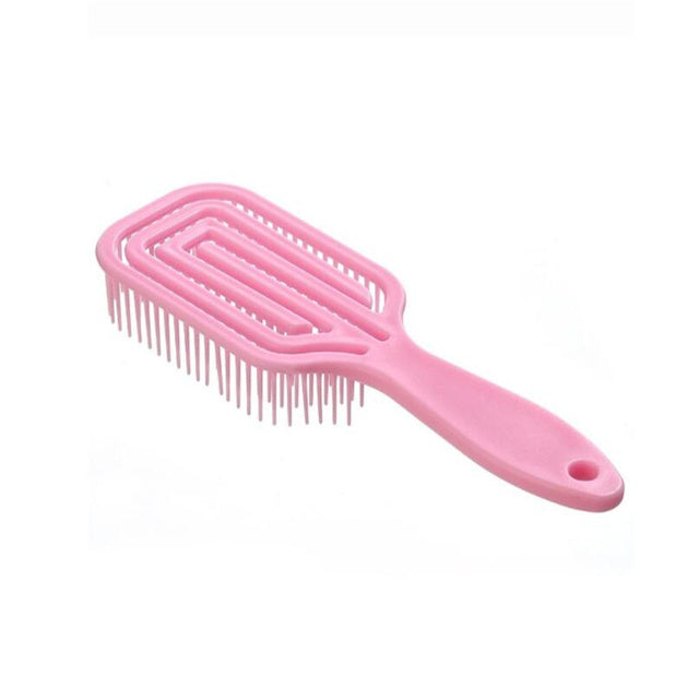 Vented hair comb with pink teeth and matching handle, hanging hole