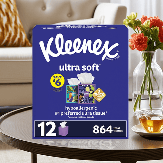 Kleenex Ultra Soft hypoallergenic facial tissue box, 12-pack, 3-ply tissues