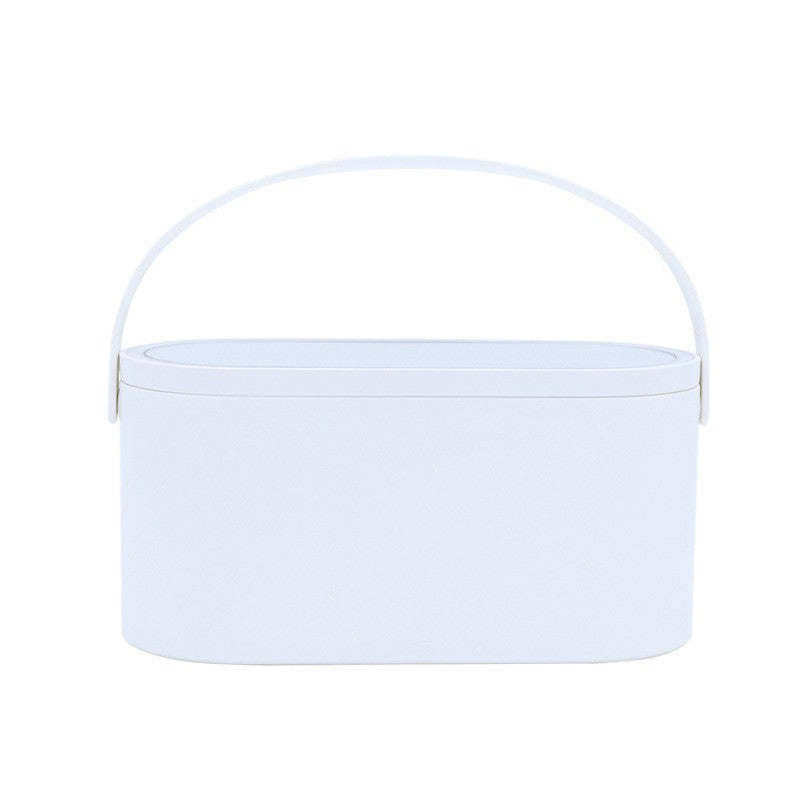 White makeup organizer box with rounded handle and smooth top storage compartment